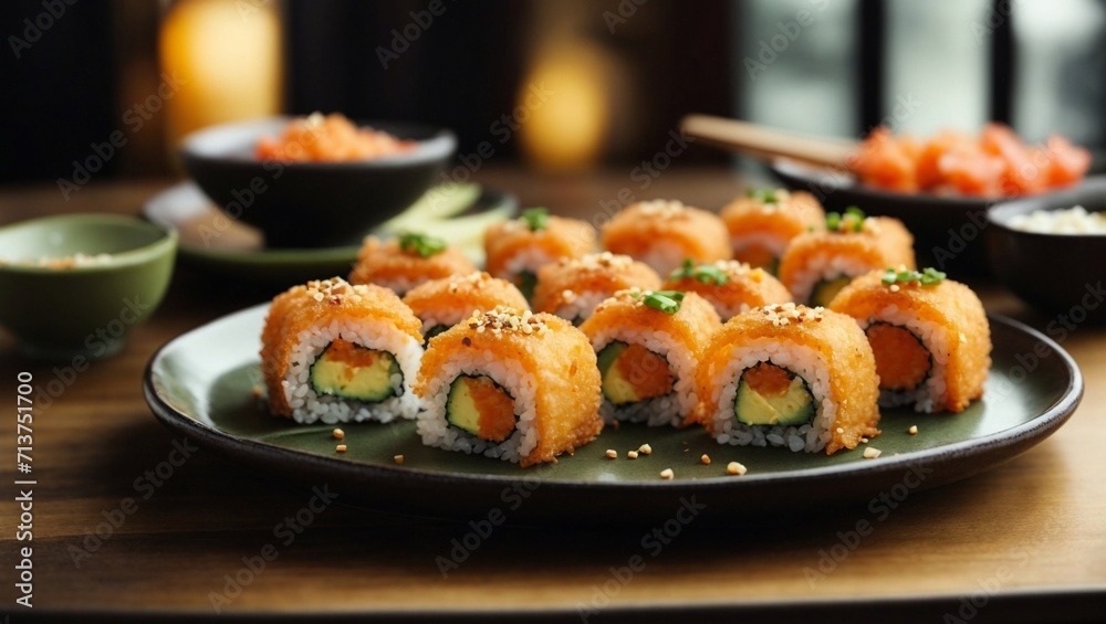 Delicioso sushi sobre una fuente en un restaurante Delicioso sushi sobre una fuente en un restaurante