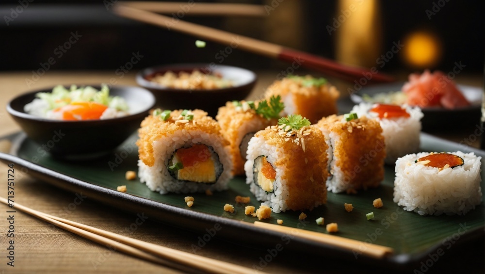 Sushi en un restaurante porciones Sushi en un restaurante porciones