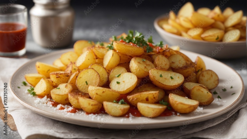 a plate of golden potatoes with rice, tomato sauce on a cement table a plate of golden potatoes with rice, tomato sauce on a cement table