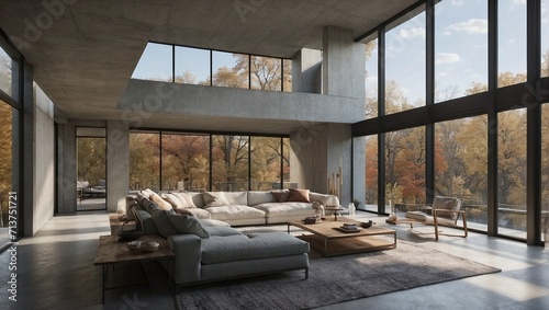 a living room with large windows  a minimalist white room  with autumn trees in the background