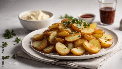 a plate of golden potatoes with rice, a pot of mayonnaise and tomato sauce on a white background