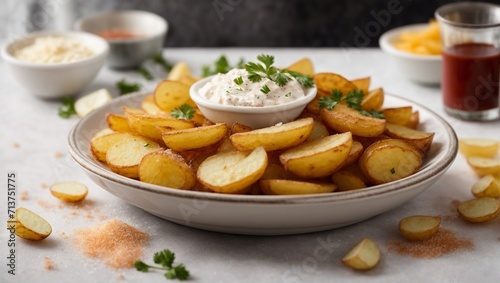 a large plate of golden potatoes with mayonnaise in a restaurant