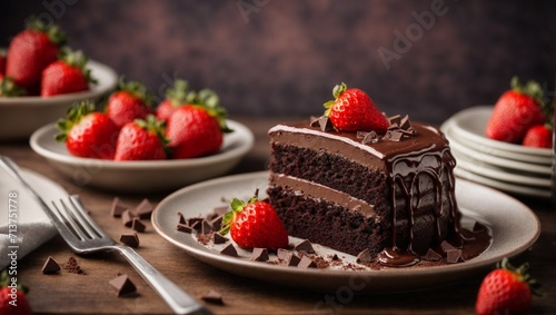 Pedazo de torta de chocolate con fresas y un plato de  fresas photo
