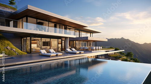 perspective of modern building with terrace and swimming pool © Aura