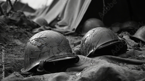 Historical war helmets lay on the ground setting a scene of military history and memory