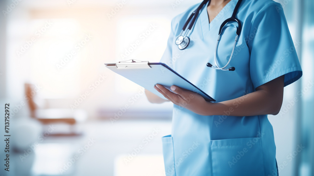 Nurse or technician medical staff holds patient chart in a hospital Nurse or technician medical staff holds patient chart in a hospital