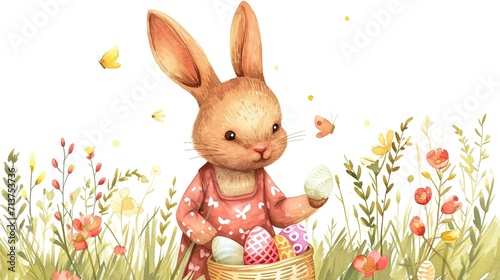 Illustration of Easter bunny collects eggs in a basket for the Easter holiday at early spring