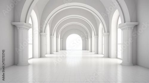 view of empty white room with arch design and concrete with sunlight