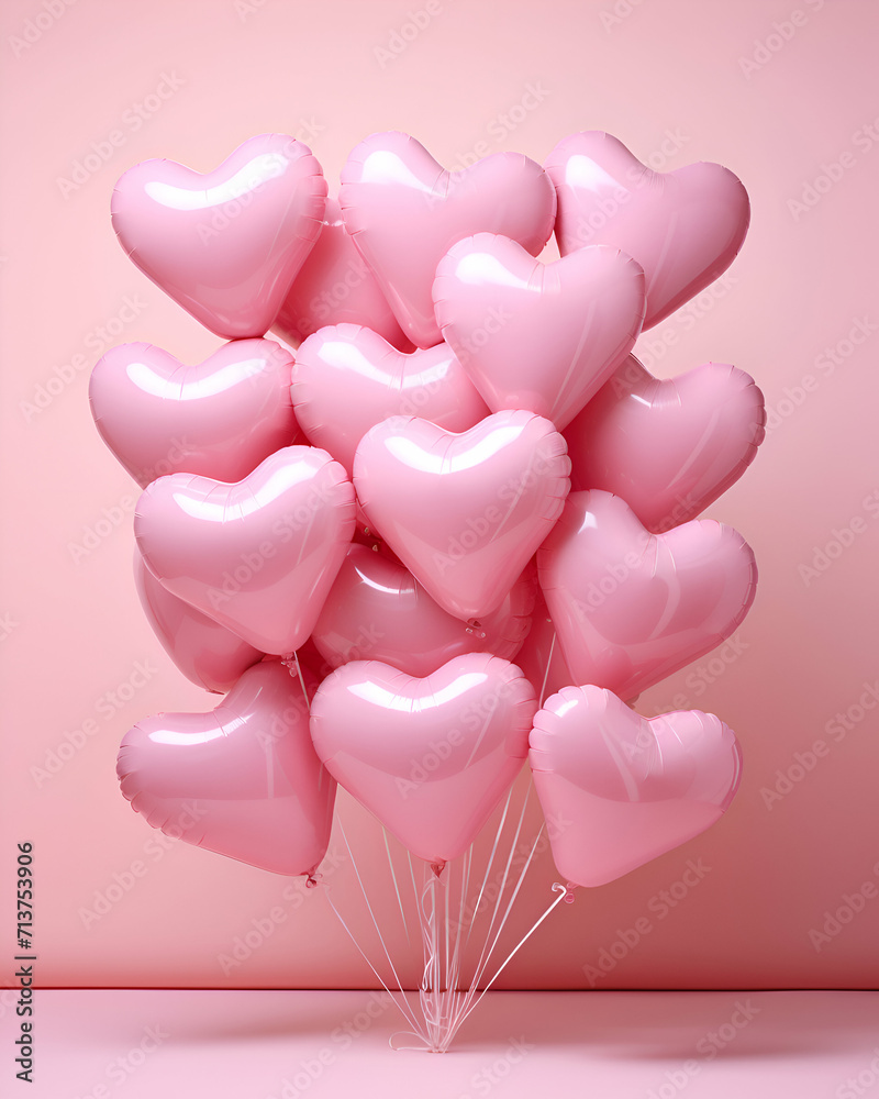 Bunch of pink balloons on pastel pink background with copy space