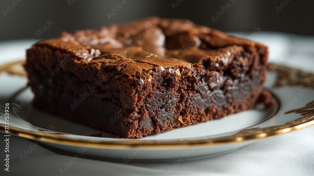 close-up of a piece of a homemade fudge brownie on a plate. close-up of a piece of a homemade fudge brownie on a plate.