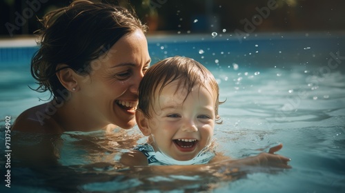 _child_playing_in_the_pool_together_with_mother image blurred background