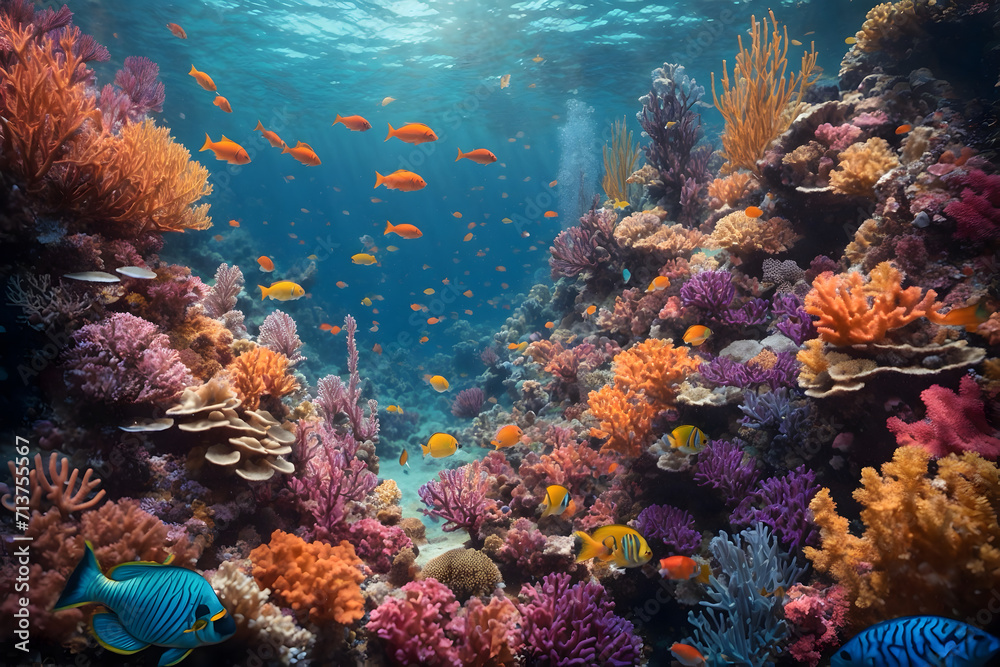 Colorful undersea coral reefs with tiny little fishes