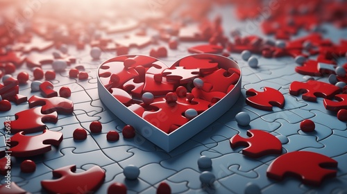 A jigsaw puzzle pieces in a heart shaped box.