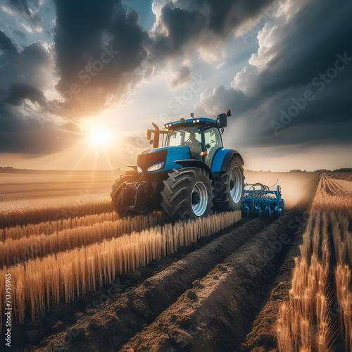  tractor working in fields. Green powerful agricultural tractor plows field with dense earth. green tractor in spring field work. agricultural works. tillage. Tractor drives across large field making.