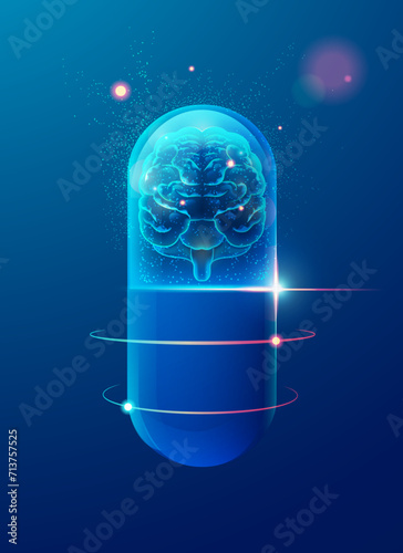 graphic of realistic transparent pill with futuristic brain inside, concept of medical treatment for human brain
