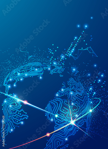 concept of digital transformation or big data, graphic of world map globe combined with circuit board pattern