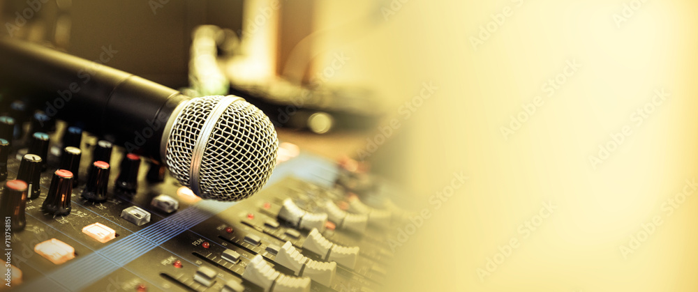 Microphone on sound mixer in live broadcasting studio producer for sound record control system production and audio equipment and music instrument speaker. - obrazy, fototapety, plakaty 