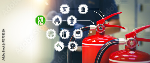 Fotografía Fire extinguisher has engineer checking with fire protection icons symbol to prepare fire equipment for prevention in emergency case and safety or rescue and alarm system training concept
