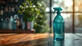 A teal spray bottle poised for use on a rustic wooden table with natural backlight.