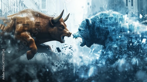 Bull Versus Bear in Market Concept, Perfect for Stock Trading Platforms, Economic Newsletters, Investment Courses, Digital Art in a Corporate Style
