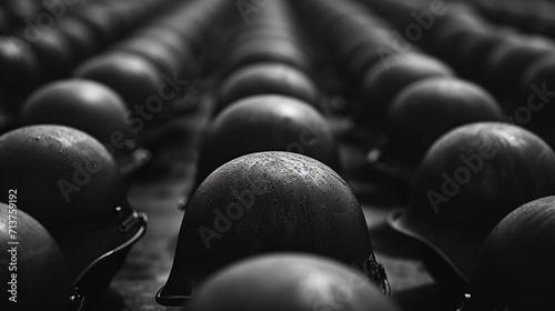 Array of antique war helmets displayed in monochrome tones