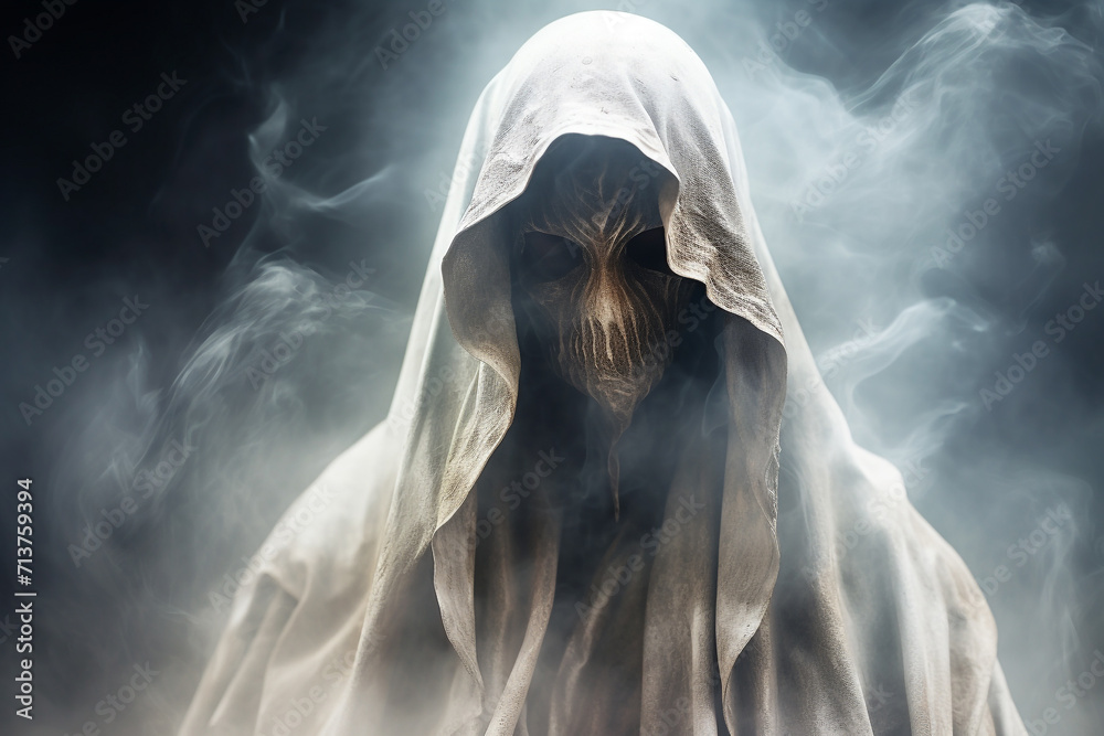 Culture and religion, states of mind, sci-fi and horror concept. Skeleton ghost, specter or reaper covered with smoke or mist close-up portrait. Dark silhouette of paranormal being