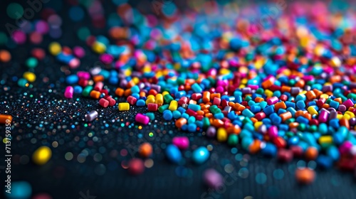 Multicolored plastic pellets scattered on a sleek black background