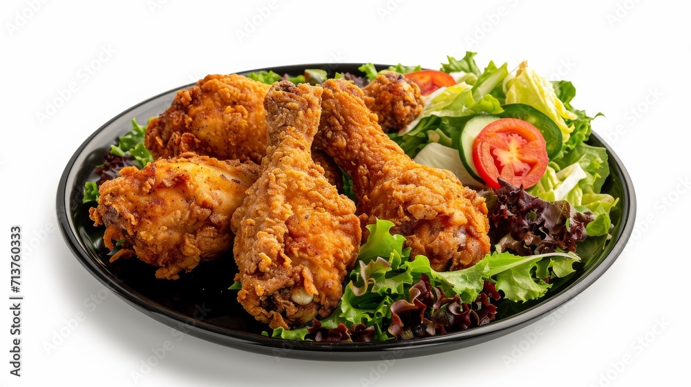 Perfectly fried chicken accompanied by a vibrant salad, presented on a sleek black plate against a white background Perfectly fried chicken accompanied by a vibrant salad, presented on a sleek black plate against a white background