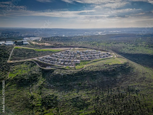 Isolated panoramic beautiful aerial drone high resolution image of Sal it Israeli settlement- Israel