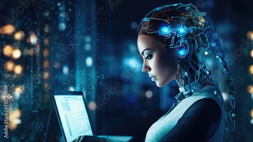 Futuristic cyber business and intelligence robotic working concept in modern global business