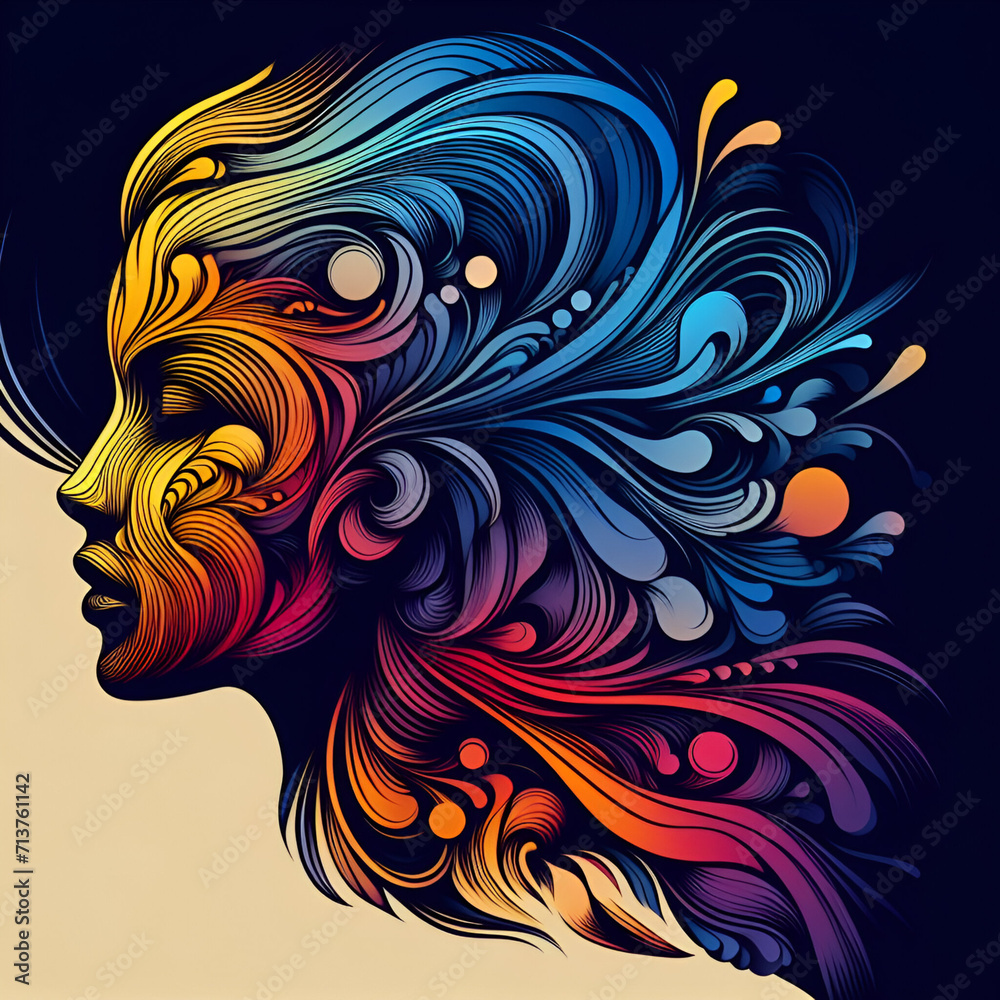 colorful design silhouette of side view of the girl's face