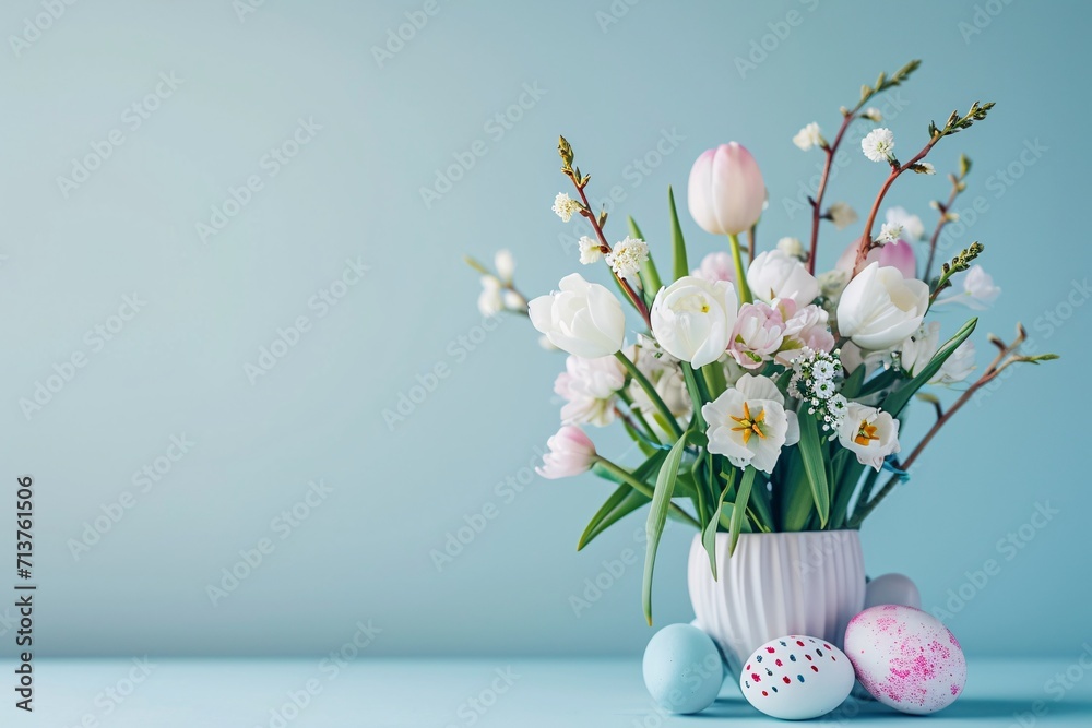 Spring bouquet with tulips and daffodils in vase and Easter eggs on blue background. Easter celebration concept. Design for postcard, banner, invitation with copy space. Minimalistic composition