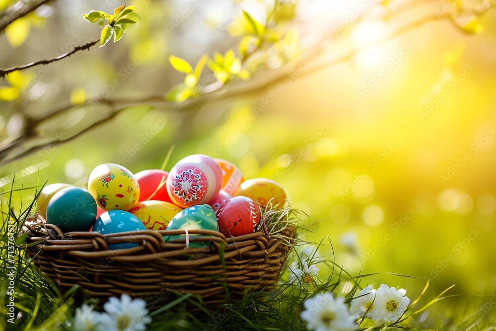 Colorful Easter eggs in a basket with spring flowers and sunlight in the background. Spring nature. Easter celebration concept. Design for postcard, banner, invitation with copy space Colorful Easter eggs in a basket with spring flowers and sunlight in the background. Spring nature. Easter celebration concept. Design for postcard, banner, invitation with copy space