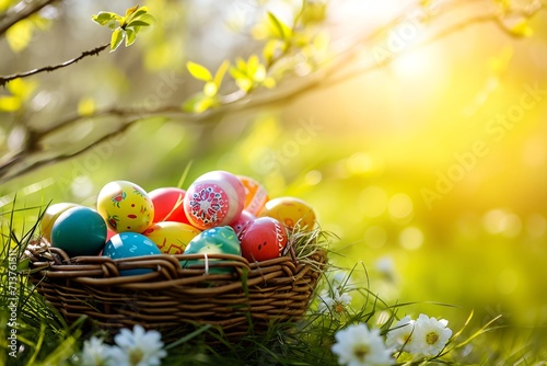 Colorful Easter eggs in a basket with spring flowers and sunlight in the background. Spring nature. Easter celebration concept. Design for postcard, banner, invitation with copy space © dreamdes