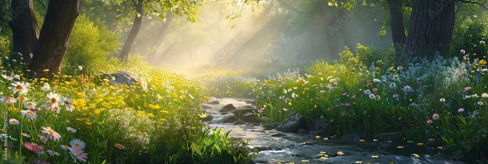 Enchanted forest scene with sunlight streaming through trees and flowers. Magical spring or summer landscape. Design for wallpaper, poster, banner. Springtime beauty