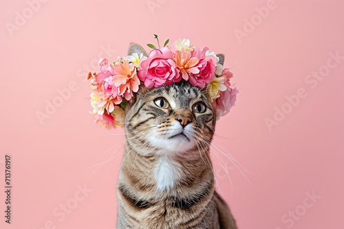 Tabby cat wearing floral crown on pink background. Springtime holiday. Easter celebration concept. Design for greeting card, banner, poster. Cute funny pet. Minimalistic composition © dreamdes