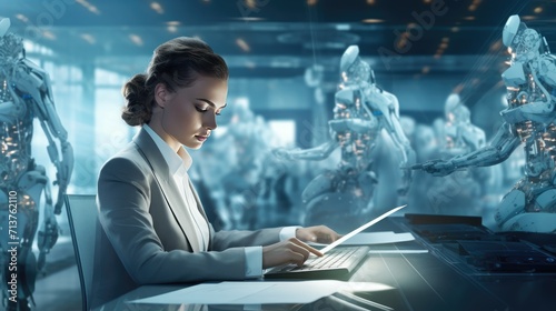 Futuristic cyber business and intelligence robotic working concept in modern global business