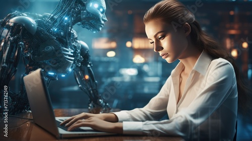 Futuristic cyber business and intelligence robotic working concept in modern global business