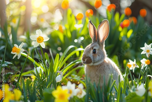 Rabbit in daffodil field with morning light. Happy Easter celebration concept. Springtime holiday. Design for greeting card, banner, postcard. Cute funny animal © dreamdes