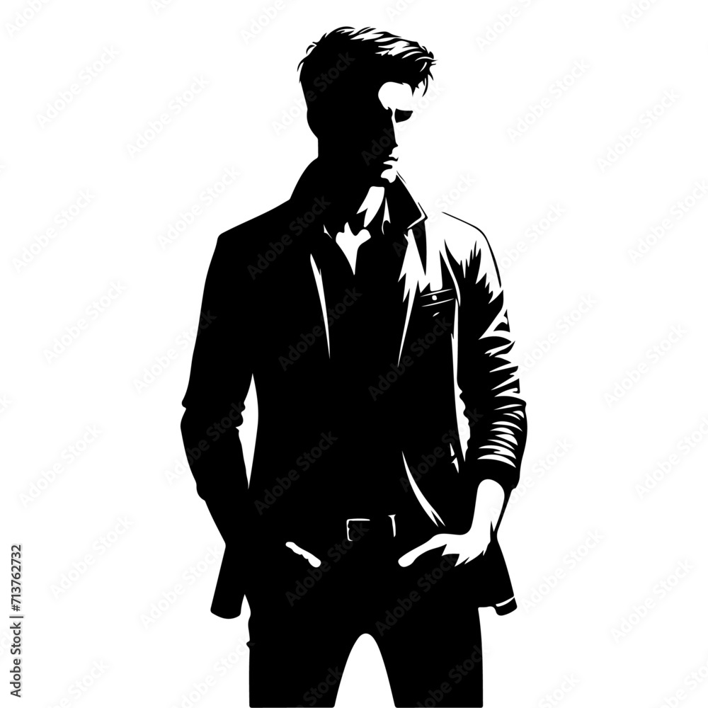 minimal Man in jacket standing with hand in his pocket pose vector silhouette