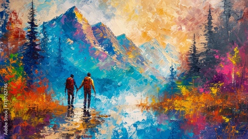 Majestic Scene of Hikers Assisting Each Other to the Peak, Ideal for Travel Blogs, Team Building Workshop Materials, and Nature-Inspired Art Collections. Acrylic Painting Style