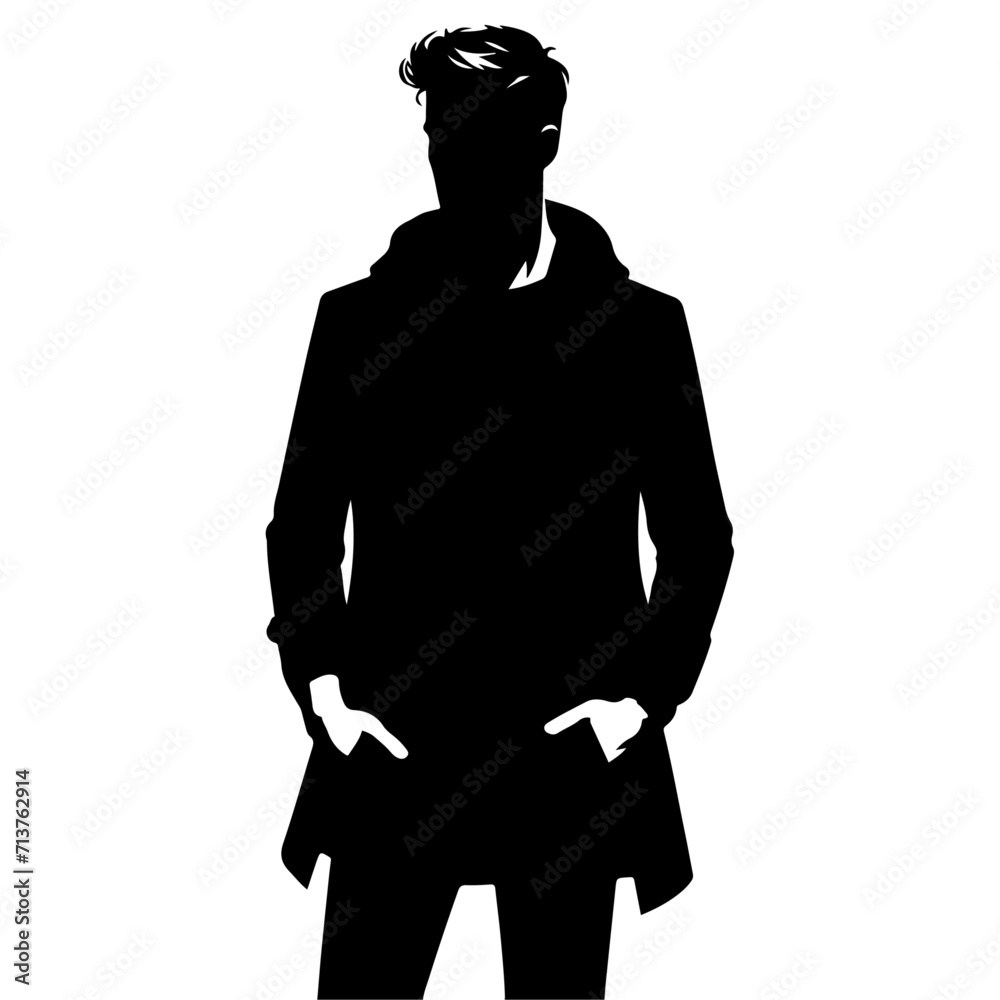 minimal Man in jacket standing with hand in his pocket pose vector silhouette minimal Man in jacket standing with hand in his pocket pose vector silhouette