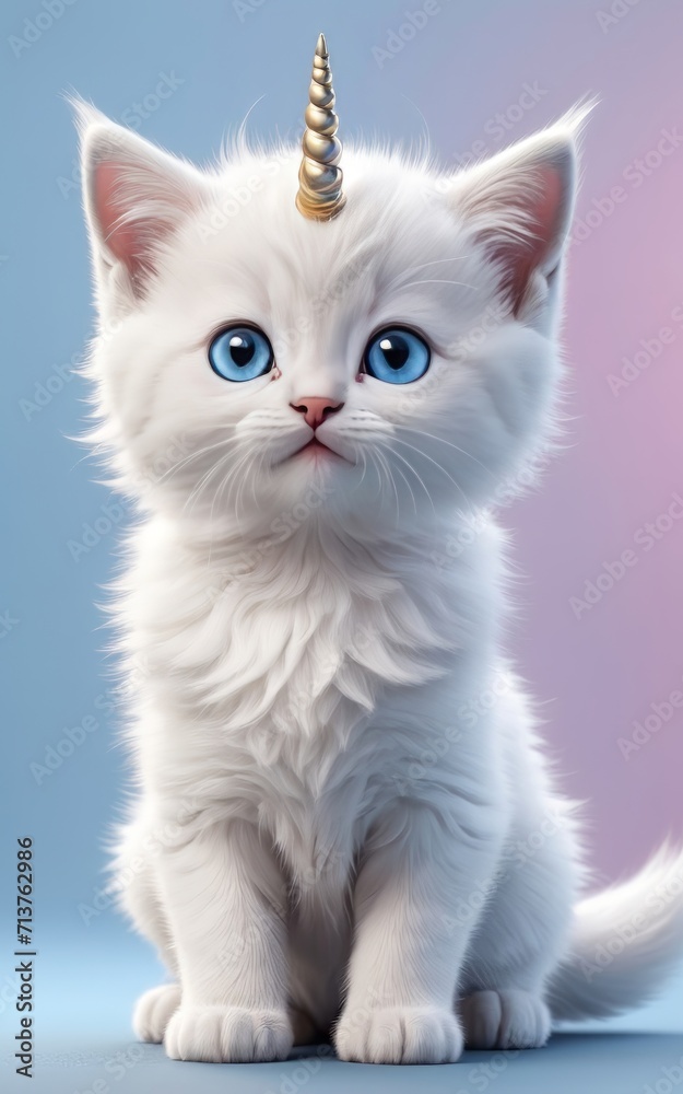 a kitten big chibi blue eyes cute and unicorn horn