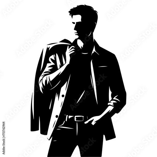 minimal Man in jacket standing with hand in his pocket pose vector silhouette