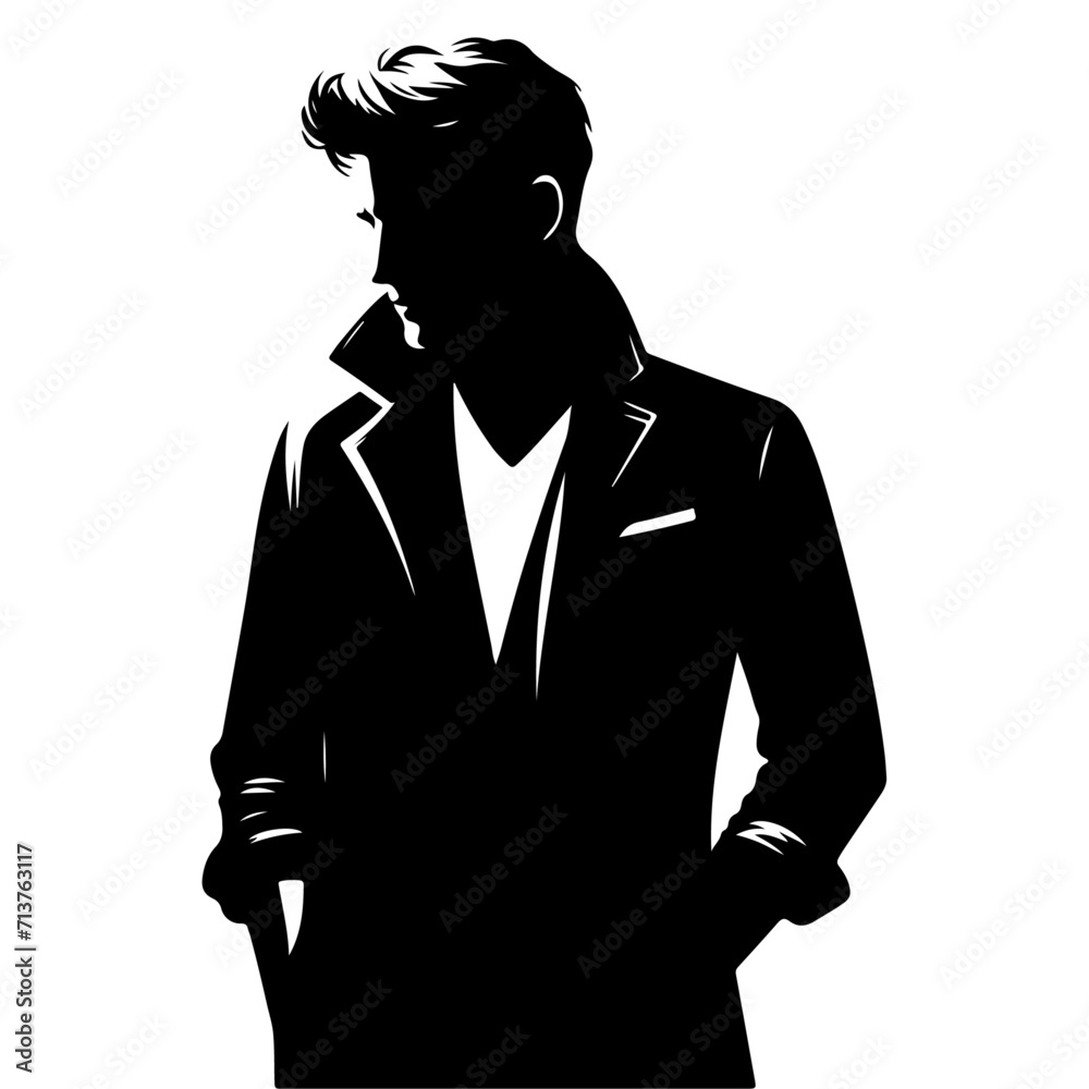 minimal Man in jacket standing with hand in his pocket pose vector silhouette minimal Man in jacket standing with hand in his pocket pose vector silhouette