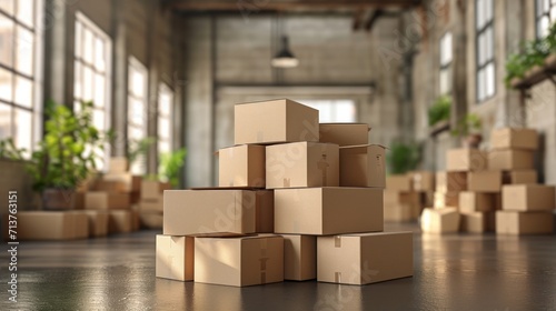 Piles of cardboard boxes in a sunlit room create an urban moving day scene photo