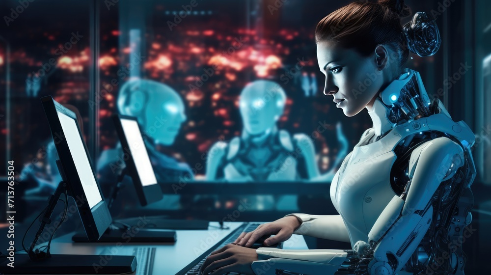 Fototapeta premium Futuristic cyber business and intelligence robotic working concept in modern global business