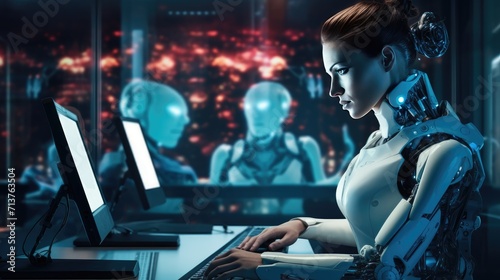 Futuristic cyber business and intelligence robotic working concept in modern global business