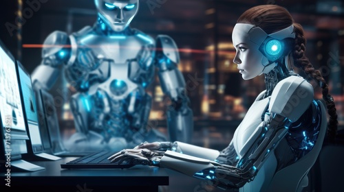 Futuristic cyber business and intelligence robotic working concept in modern global business