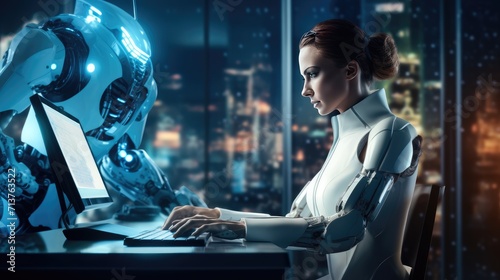 Futuristic cyber business and intelligence robotic working concept in modern global business